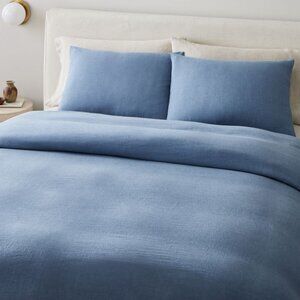 West Elm Queen Size 100% European Flax Linen Duvet Cover & Shams in Marina Blue